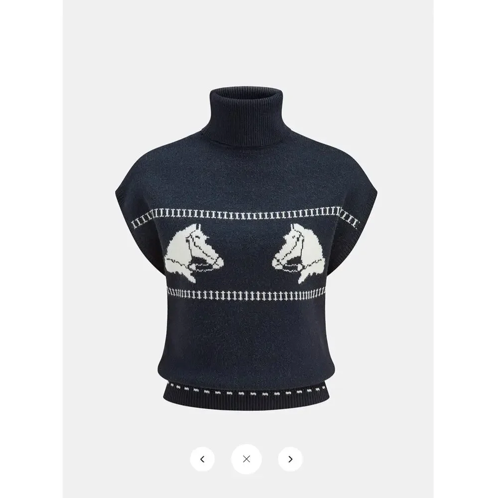 NWT Commense Horse-Pattern Cap Sleeve Turtleneck Sweater Vest Sz S